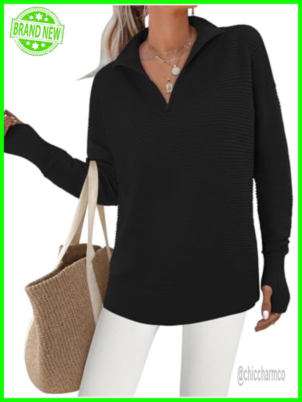 Womens Ribbed Knit Pullover Sweater Quarter-Zip Thumbholes Oversized